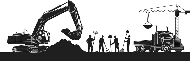 Construction site silhouettes with workers, excavator, dump truck, crane, heavy machinery, teamwork, labor tools, industrial scene, black and white illustration © MdAnisur