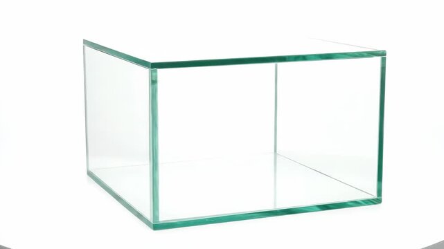Three angles of an empty glass cube tank for a small aquarium or plant terrarium. Clean transparent box for product display mockup or as a modern home decoration object