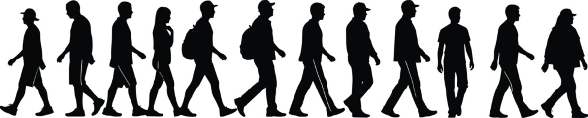 Walking people silhouettes in side view showing diverse adults moving forward together, human crowd concept for lifestyle, travel, migration and urban daily life illustration