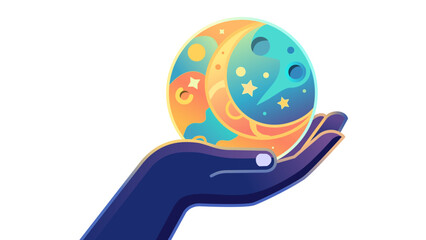 Mystical hand holding a colorful celestial moon. Modern cosmic vector for astrology, wellness, and manifestation branding. © EkoPriyatno