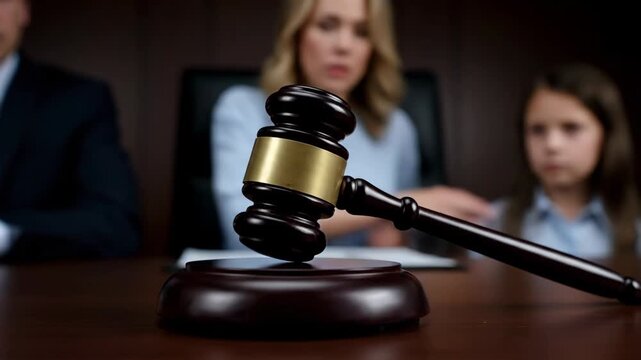 Judge gavel making a final decision in a family law courtroom. Sad caucasian family with a young daughter during a difficult child custody or divorce proceeding