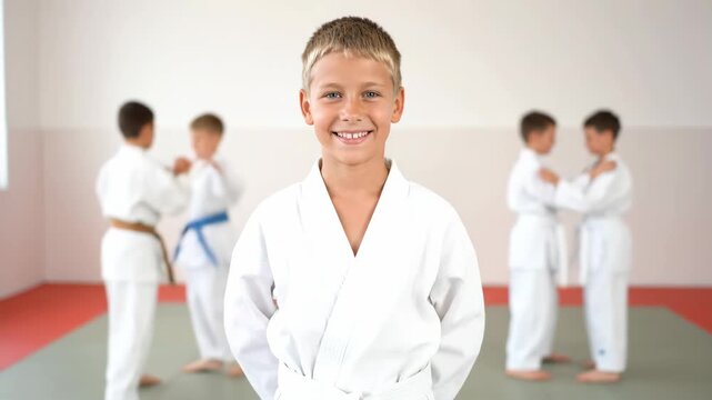 Happy young caucasian boy in a martial arts uniform smiling at the camera. Children learning self defense and discipline during a judo class for a sports club banner