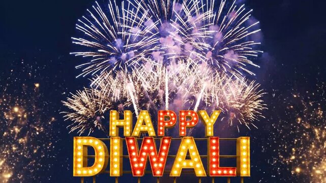 Colorful Diwali Fireworks Display with Bright Explosions and Festive Greetings Celebrating the Festival of Lights