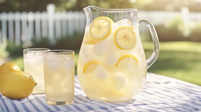 A refreshing pitcher of lemonade with ice and lemons on a table outdoors