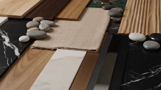 A curated material palette for interior design projects. Samples of natural marble stone wood fabric and metal create a sophisticated mood board for architectural concepts