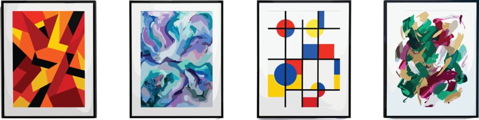 Collection of abstract art pieces showcasing vibrant geometric and fluid designs in modern frames