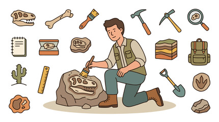 Paleontologist Working on Site with Dinosaur Fossils and Excavation Tools Icons © DzikriAdi