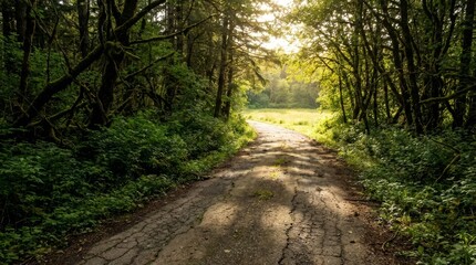 Obraz premium Serene Mossy Forest Path Leading To A Bright Sunny Meadow Opening With Green Trees And Lush Foliage