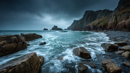 Fototapeta premium Porthcurno's Dramatic Coastline Under a Stormy Sky generated by AI