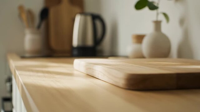 Minimalist kitchen countertop with a wooden cutting board in warm morning sunlight. Modern scandinavian interior design for a cozy home and culinary lifestyle concept
