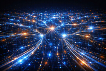 Fototapeta premium Global Digital Data Network Flow Over Smart City Infrastructure at Night