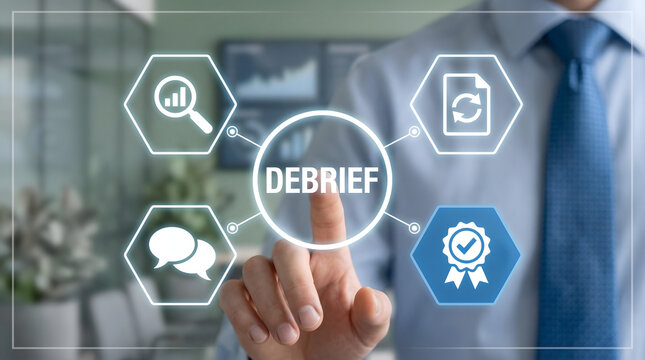 Businessman interacting with virtual debrief interface in modern office