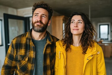 Obraz premium Inspired Couple Looking Up Together in Their Home generated by AI