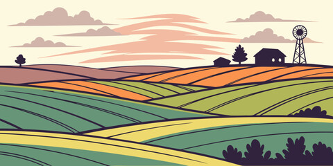 Colorful Sunset Over Rolling Farmland Fields Flat Vector  © Chamok Chandra