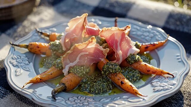 Roasted carrots with prosciutto and pesto served on an outdoor plate