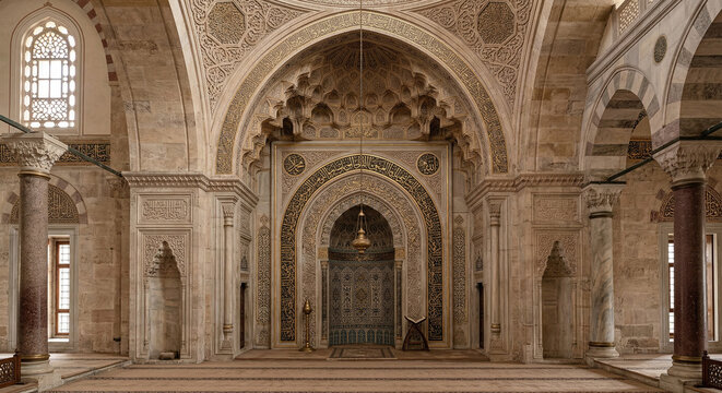 Ornate Mosque Mihrab With Intricate Islamic Geometric Patterns