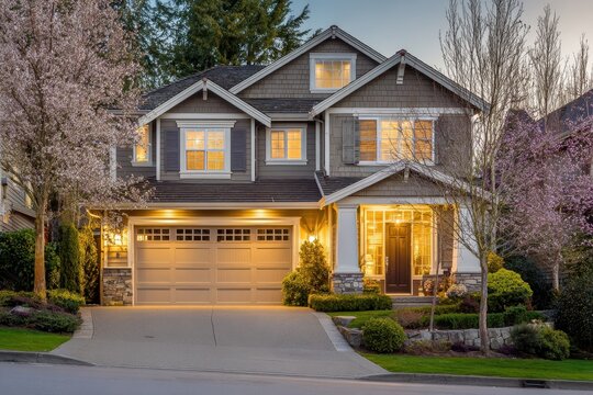 Suburban Dream Home - Twilight Glow Illuminates a Two-Story House with Blossoming Trees.
