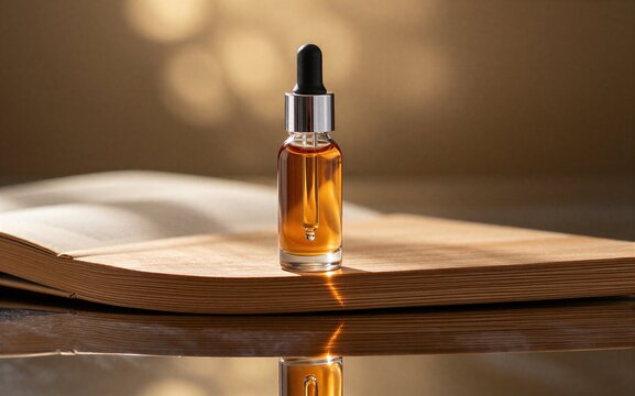 Golden dropper bottle rests on open book reflecting warmth in soft