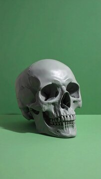 A gray skull model on a green surface and background