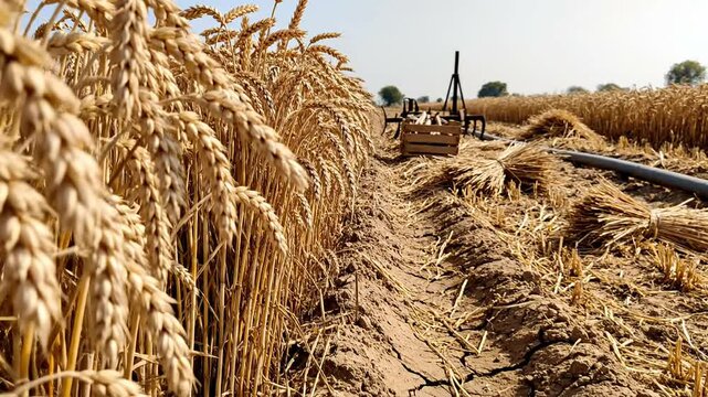 Bountiful golden wheat crop with freshly harvested bundles on a vast dry agricultural field in india during vaisakhi.