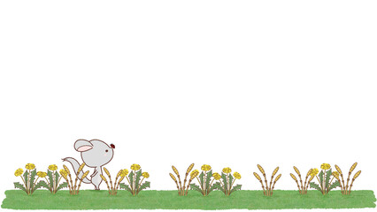 チンチラがタンポポとツクシの中で立っているイラスト