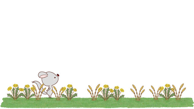 チンチラがタンポポとツクシの中で立っているイラスト