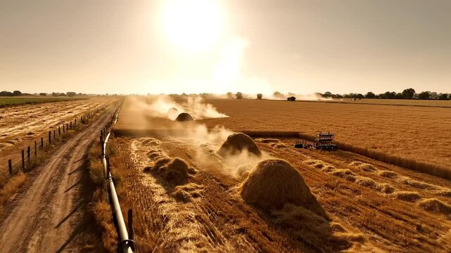Aerial view combine harvesters diligently harvesting wheat in expansive golden fields, creating bales and dust during the punjabi vaisakhi season in india.