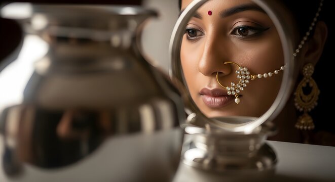 Indian Woman In Traditional Jewelry Behind Metal Frame