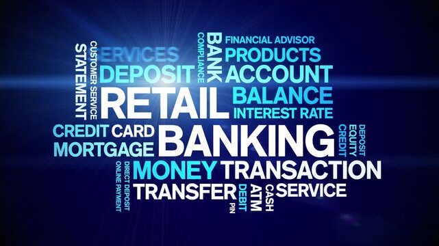 Retail Banking animated word cloud-text design animation tag kinetic typography seamless loop.