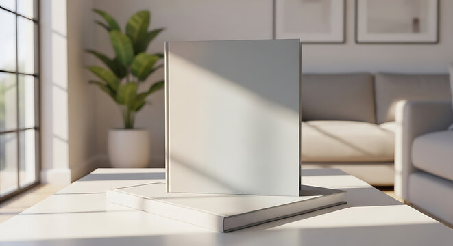 Blank white book or box standing on a modern coffee table with sunlight casting dramatic shadows, set in a bright, contemporary living room with green plant and sofa, minimalist.