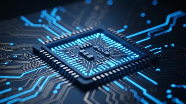 Microchip Processor in Futuristic Neon Blue Circuit Board with Glowing Lines and Dark Background for Technology Advertising