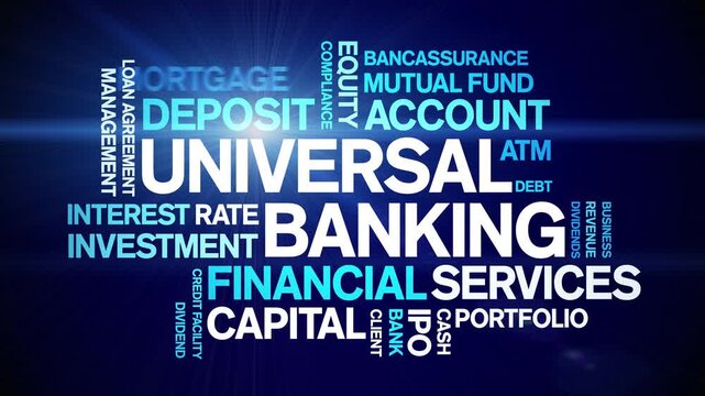 Universal Banking animated word cloud-text design animation tag kinetic typography seamless loop.