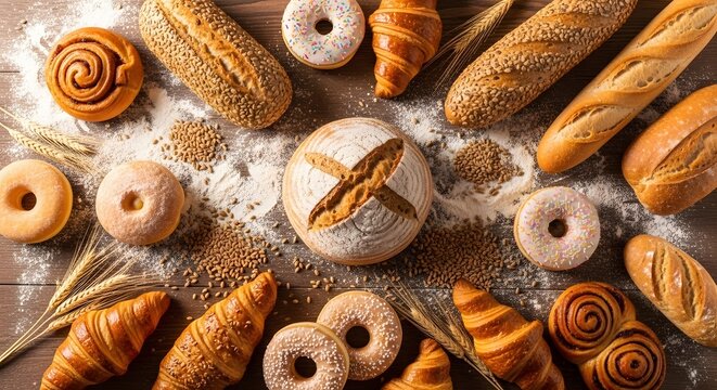 Assortment of freshly baked bread and pastries on a flour-dusted surface