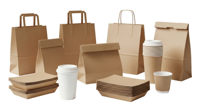 Brown paper bags and coffee cups collection transparent background cutout png