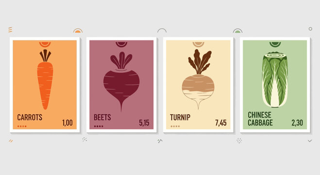 Set of four vintage vegetable posters: carrots, beets, turnip, and Chinese cabbage, with prices.