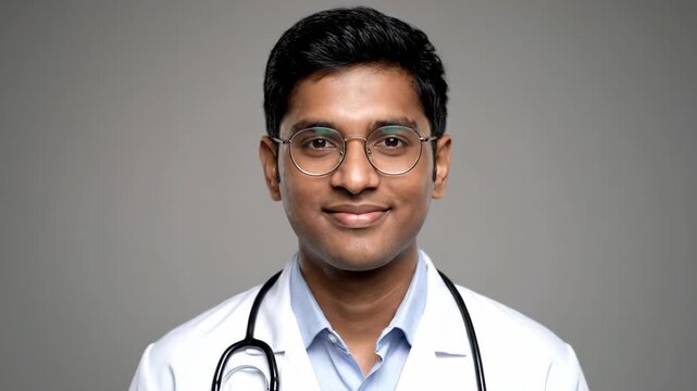 Young indian male doctor talking on a video call for an online consultation. Headshot sequence of a friendly medical professional with different facial expressions. Telemedicine concept
