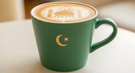 A green mug with a crescent moon and star design filled with latte