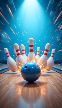 Bowling ball Strike. Bowling ball hitting pins scoring a strike at blue background. Perfect strike with blur motion