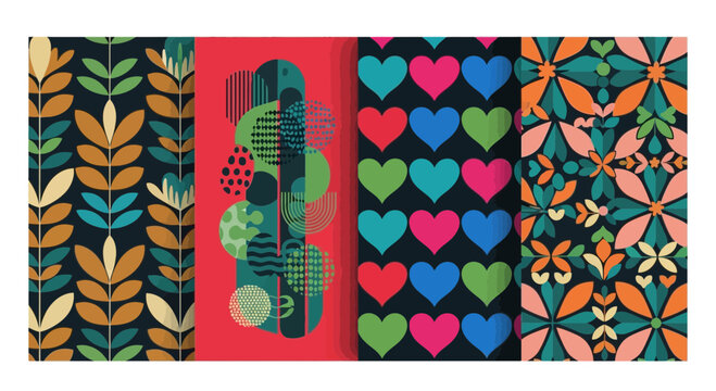 Vibrant Geometric Patterns: Hearts, Leaves, and Abstract Shapes on Dark Background