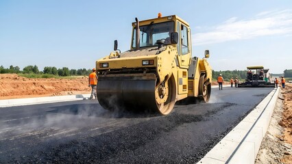 Obraz premium Heavy Road Roller Compacting Fresh Asphalt on a New Highway Construction Site.