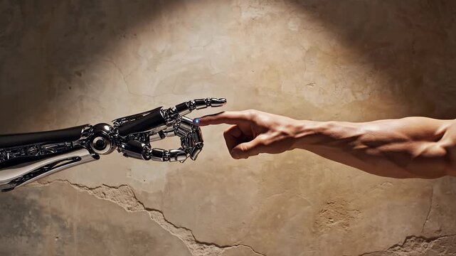 Robotic hand meets human finger on cracked concrete background