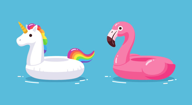 Unicorn and Flamingo Pool Floats on Blue Water - Summer Fun