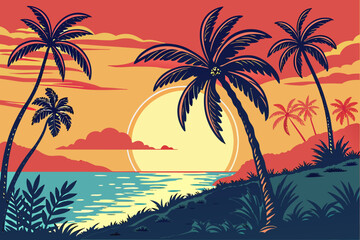 Fototapeta premium Tropical Sunset Beach with Palm Tree Silhouettes Vector 