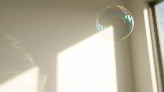 Abstract iridescent soap bubble in bright sunlight by a window