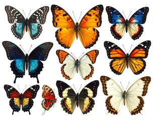 A collection of colorful butterflies on white background