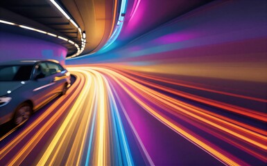 Fototapeta premium Vibrant neon lights streak through a tunnel as cars race forward in