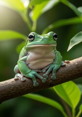 Obraz premium Green frog sitting on tree branch with leaves and sunlight