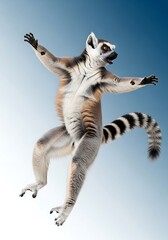 Fototapeta premium Ringtailed lemur jumping in midair on blue background