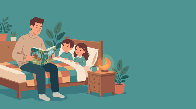 Father reading bedtime story to his children in bed.