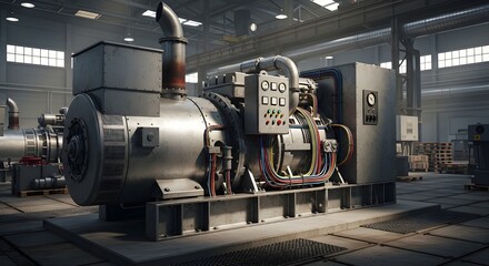 Industrial Gray Diesel Generator in a Factory Power Plant